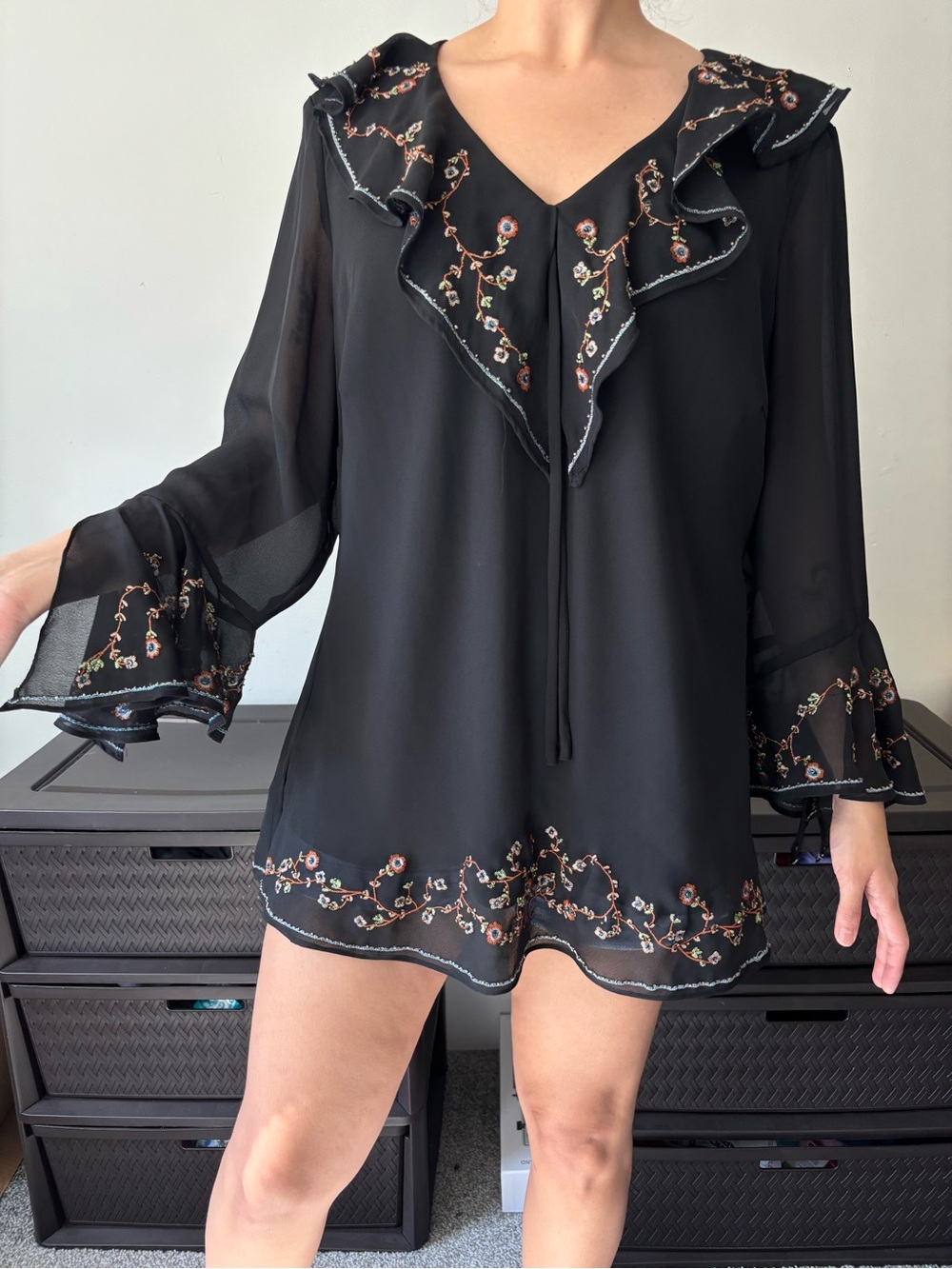 Y2K Black Fairycore beaded ruffle Whimsygoth bell sleeve grunge top -Extra Large